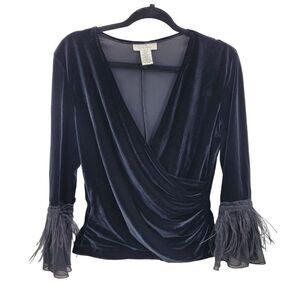 Vintage Top Velour Wrap Bell Feather Fringe Gothic Witch Core Goblincore Black L